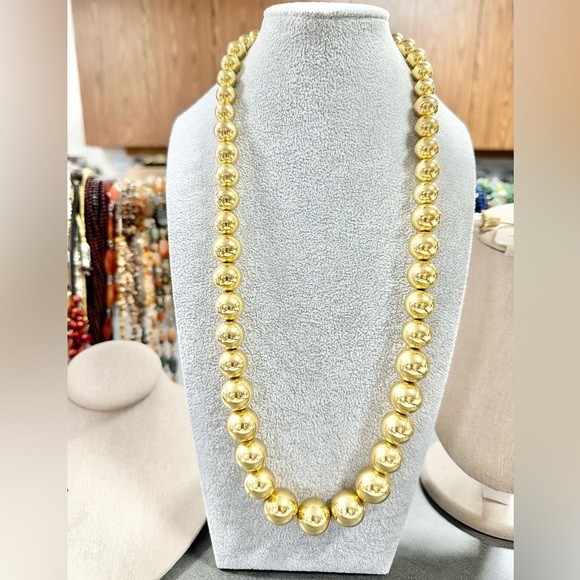 Vintage 80's 90's Marie Osmond Long Graduated Shiny Gold Plated Bead Necklace - Picture 1 of 4